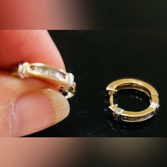 Diamond, 14k gold ear hugging earrings.  White gold accent bars. - Picture 5 of 7